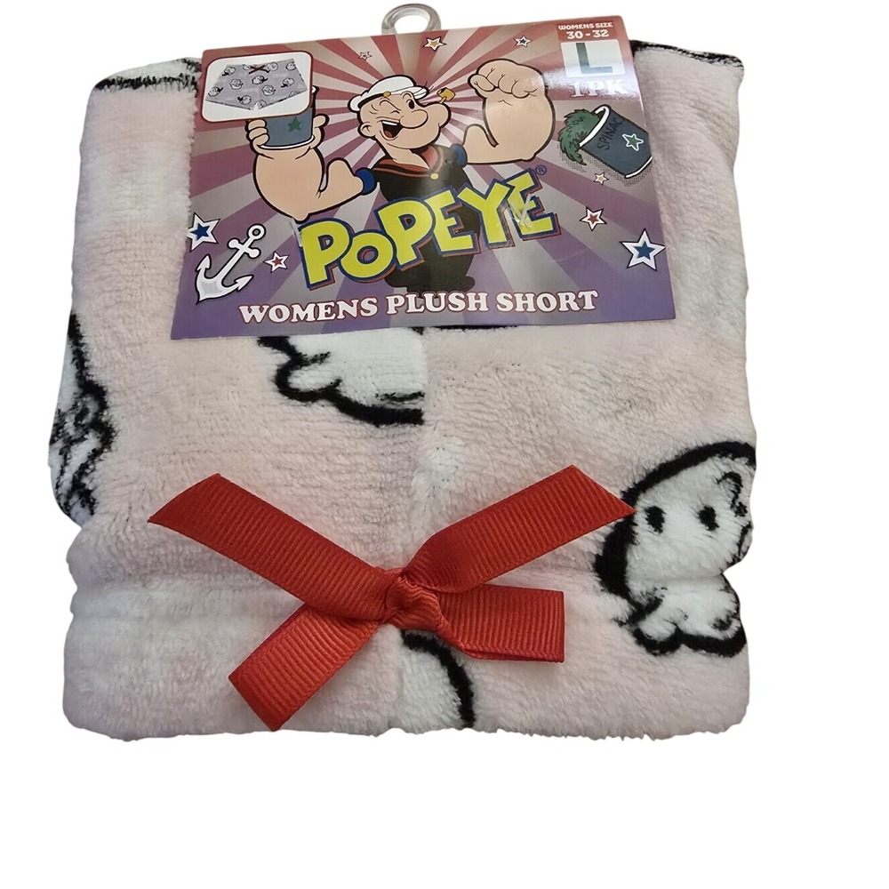 Popeye Womens Plush Sleep Shorts L Pink/Black Stretch Soft Bow Pull-On